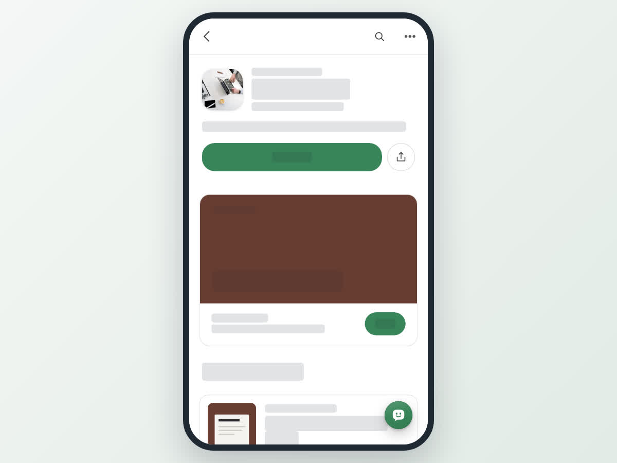 A document space on a phone, with a back button, search icon and more menu at the top, the space's photo and name with Subscribe and Share, and a Start here card with a Read button