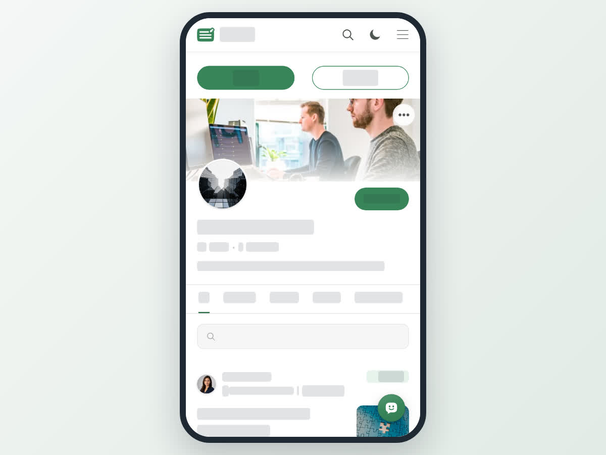 A space's public page on a phone, with the cover, profile photo, name, counts, description, Subscribe button and post type tabs