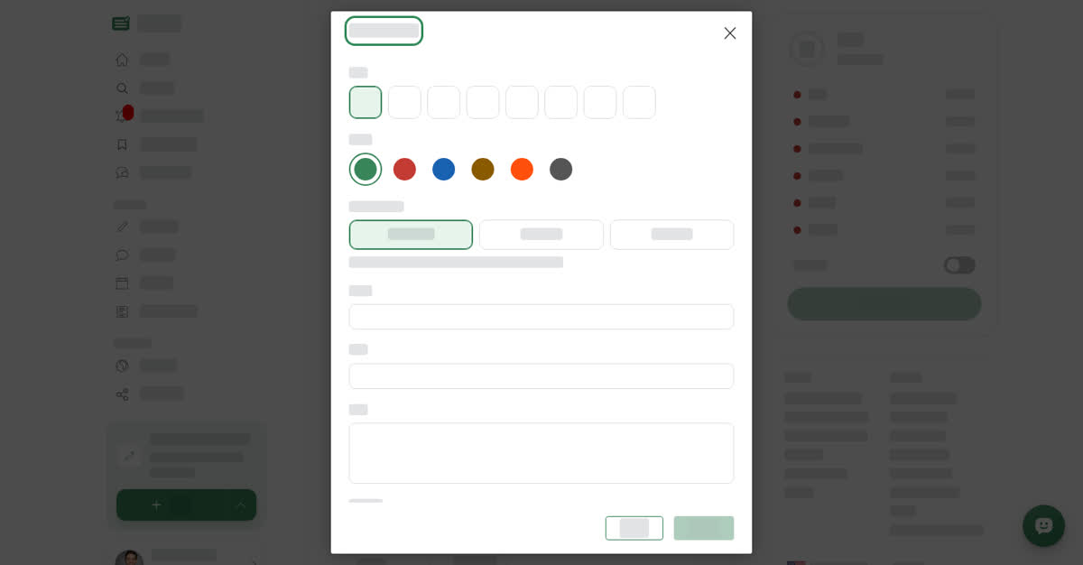 The Event update window with icon choices, color swatches, the Start here, Continue and End here options, Label, Title, Text and a preview