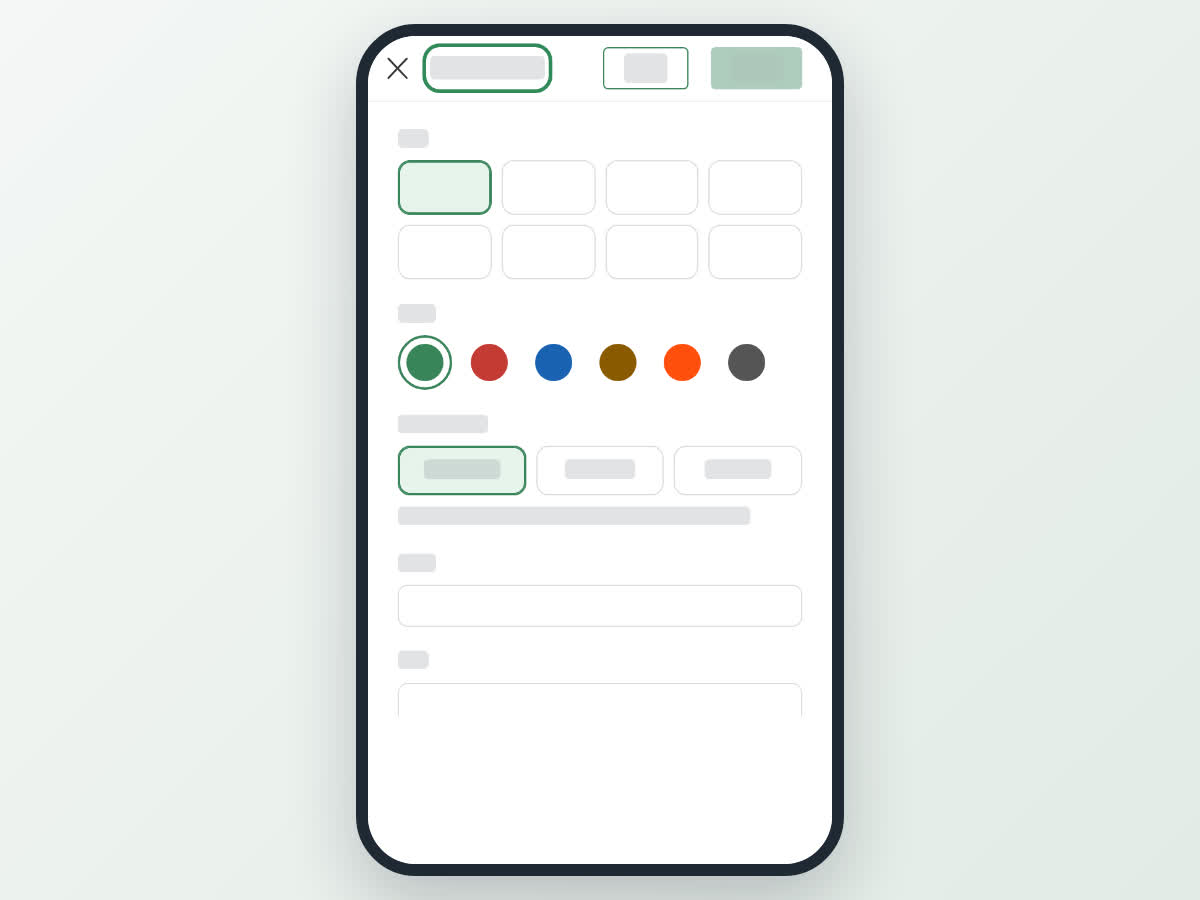 The Event update window full screen on a phone, with the icon choices, color swatches and the Start here, Continue and End here options